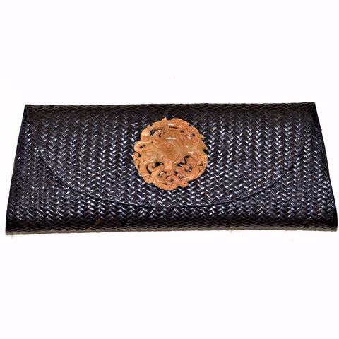Black Rattan and Snake Skin Clutch with Soapstone Medallion (Tan Medallion)