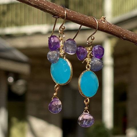 Mixed Gem Dangle Earrings - Blue and Purple