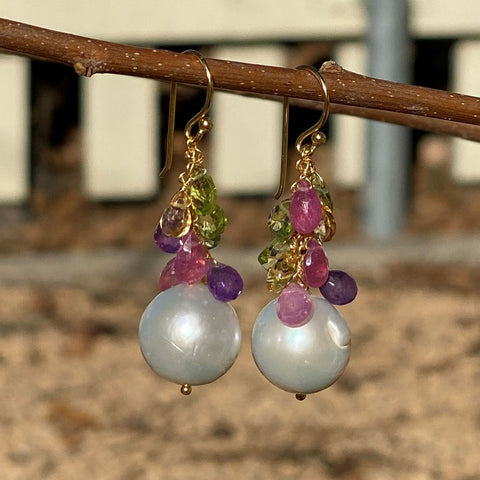 Pearl and Mixed Gem Dangle Earrings