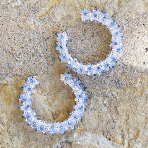 Hand-Beaded Hoop Flower Earrings - Large Blue and White