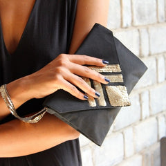 Olivia Dar Chevron Diamond Gold Sequin Black Silk Clutch with Wrist Strap