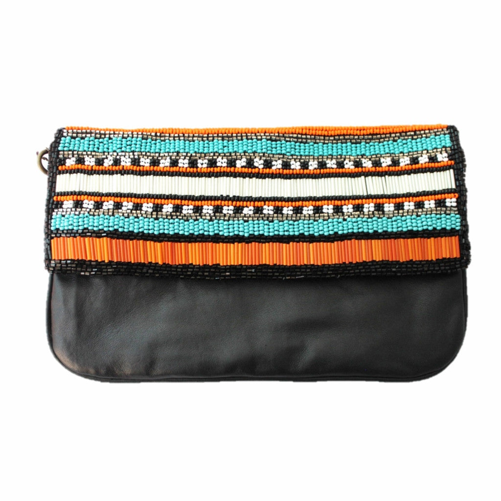 Olivia Dar Black Leather Clutch with Beading and Strap