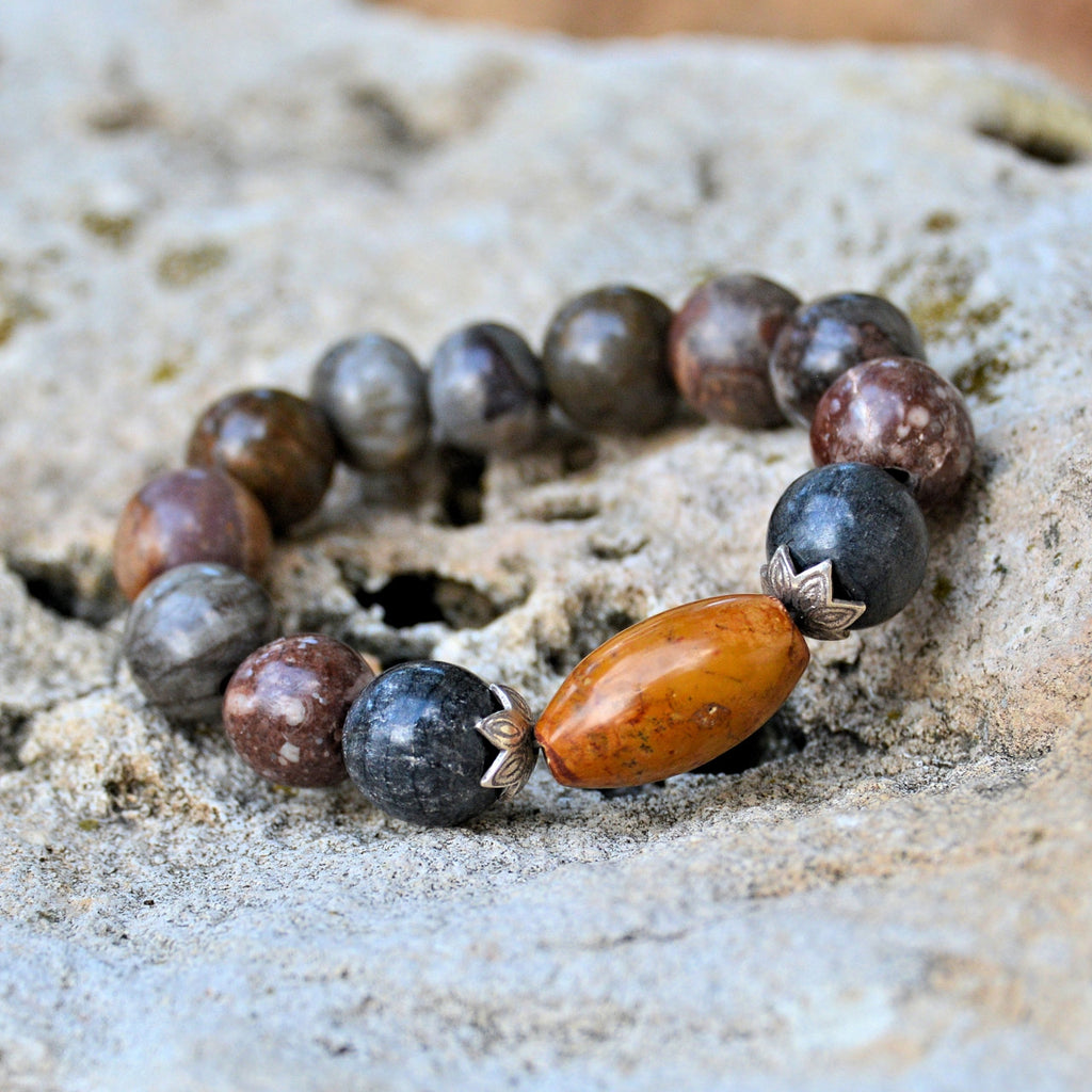 Petrified Wood, Fossilized Rice, Fossilized Coral and Shell Ball Bracelet