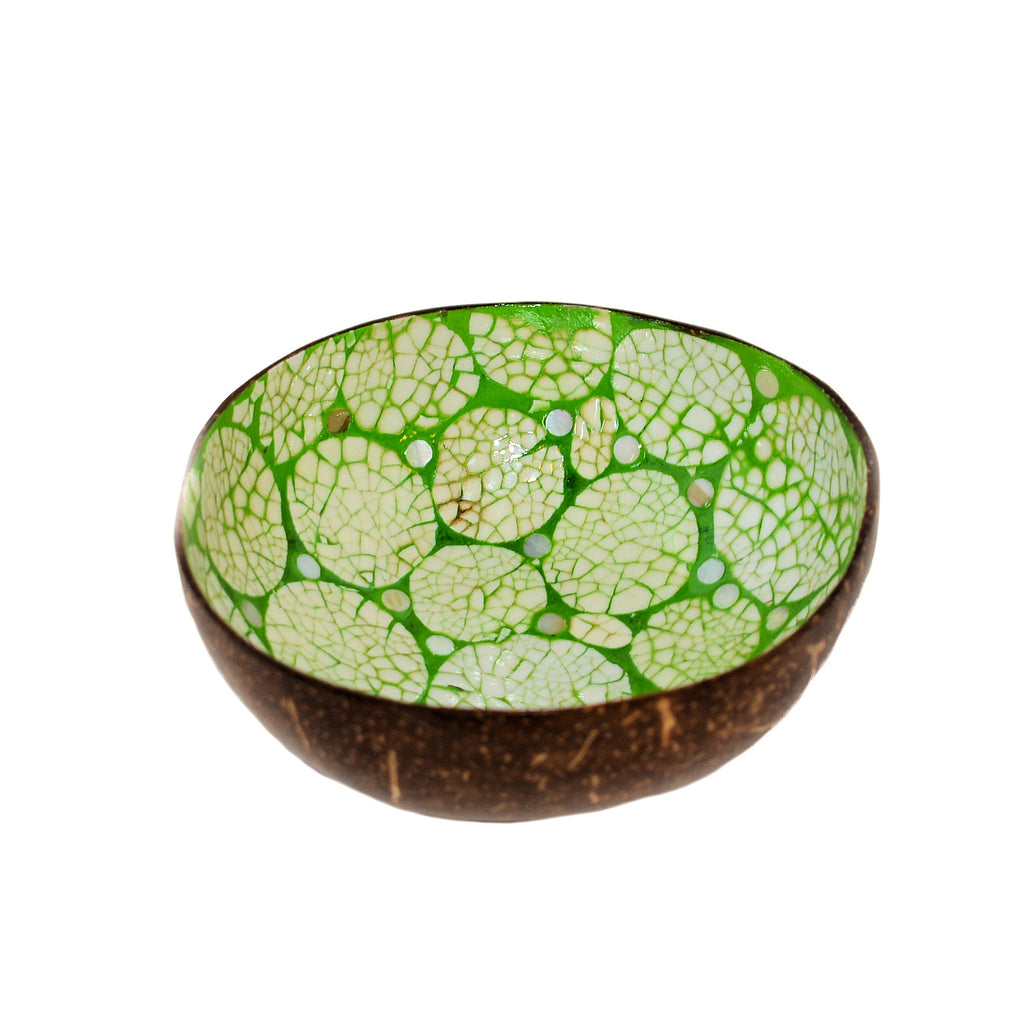 Eggshell Lacquered Coconut Shell Bowls - Lime Green and White