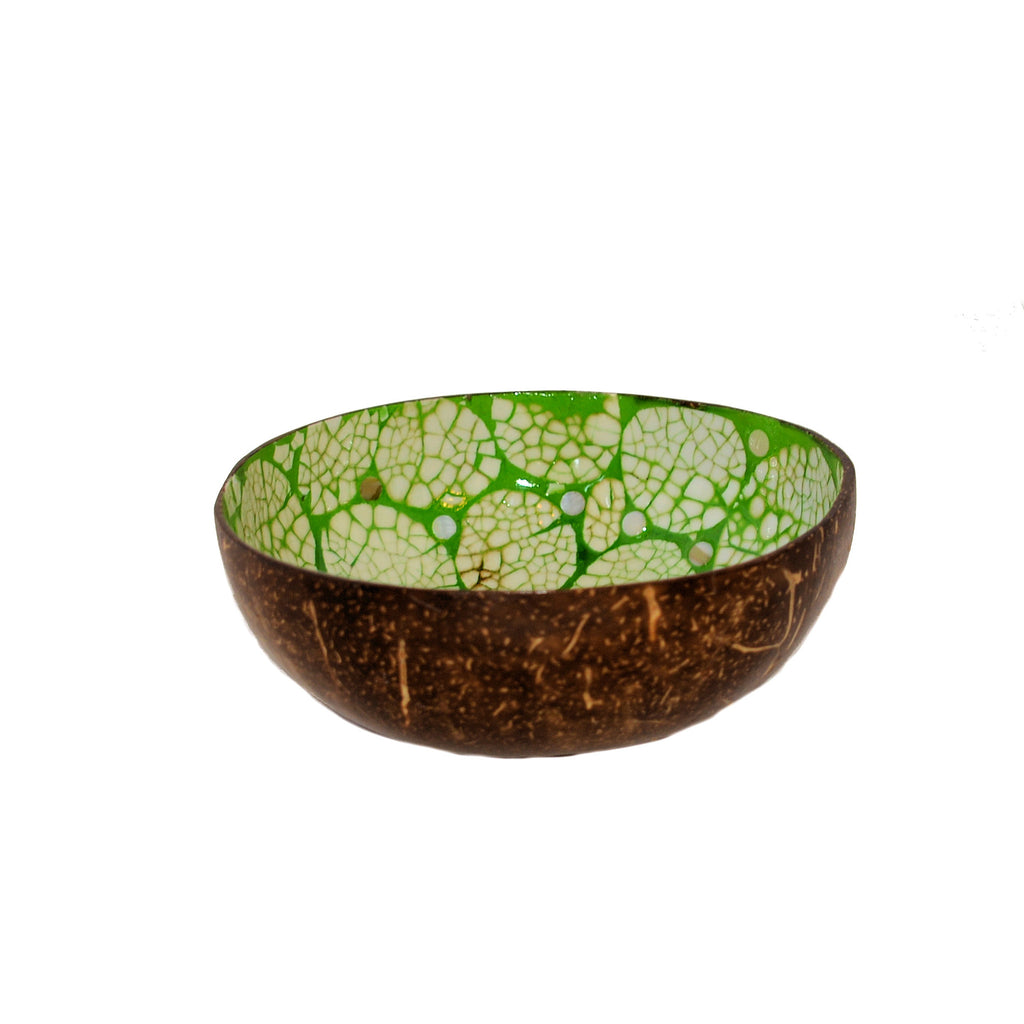 Eggshell Lacquered Coconut Shell Bowls - Lime Green and White