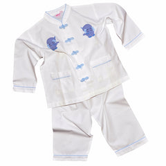 Cotton Pajamas with Snapping Frog Buttons - White with Blue Gingham Elephant (5 Years)