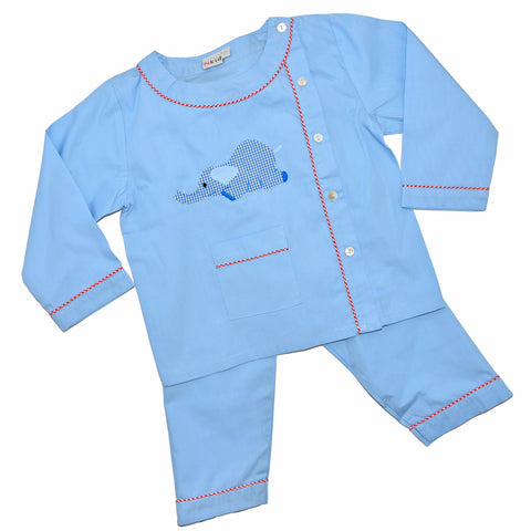 Cotton Pajamas - Blue with Blue Gingham Laying Elephant and Red Gingham Piping (4 Year)
