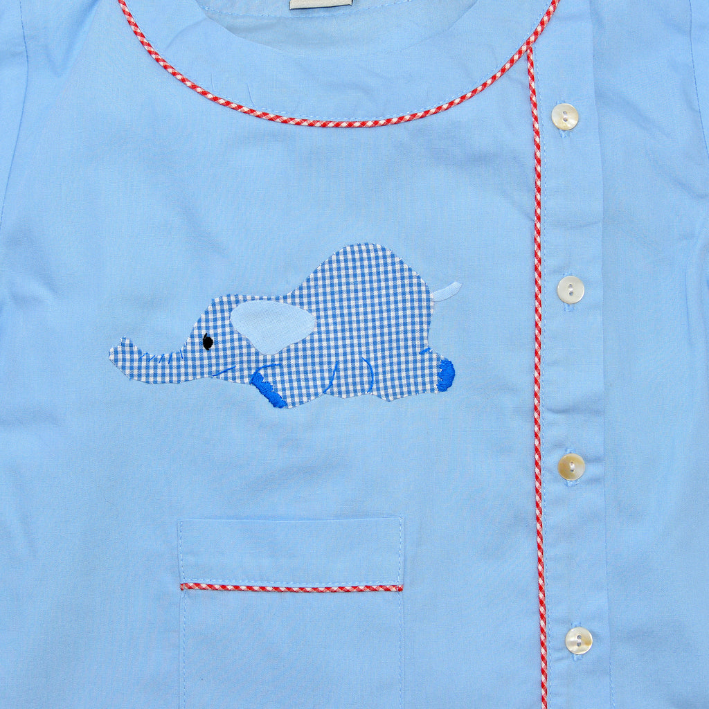 Cotton Pajamas - Blue with Blue Gingham Laying Elephant and Red Gingham Piping (4 Year)