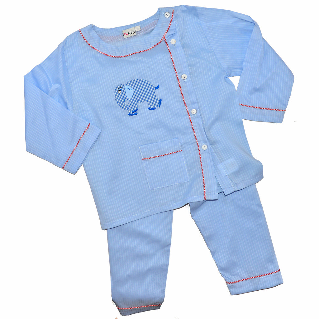Cotton Pajamas - Blue Pinstripe with Blue Gingham Standing Elephant and Red Gingham Piping (3 Year)