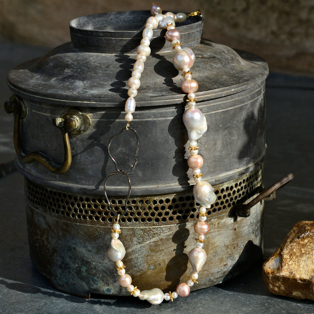 White Baroque Pearls and Oxidized Silver Ring Necklace