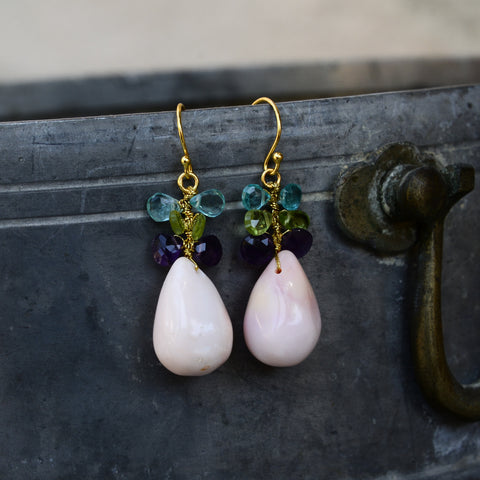 Pink Opal Drop Earrings with Semi-Precious Dangling Stones