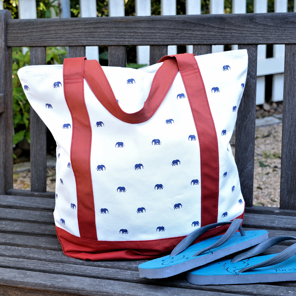 Elephant Print Tote Bag with Red Trim