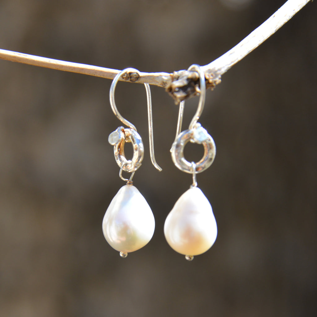 Freshwater Pearl Drop on Hammered Silver Circle Earrings