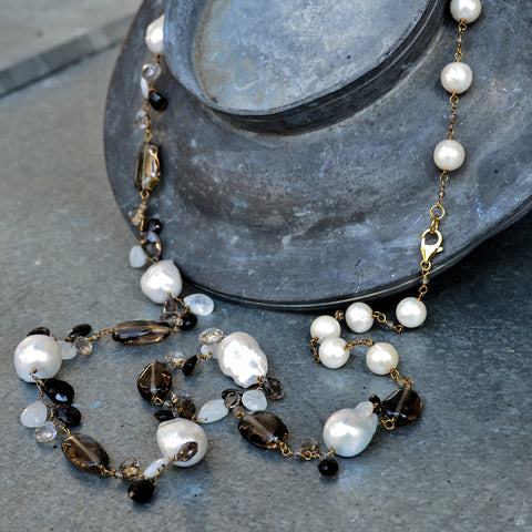 White Pearl & Topaz Gold Chain Necklace