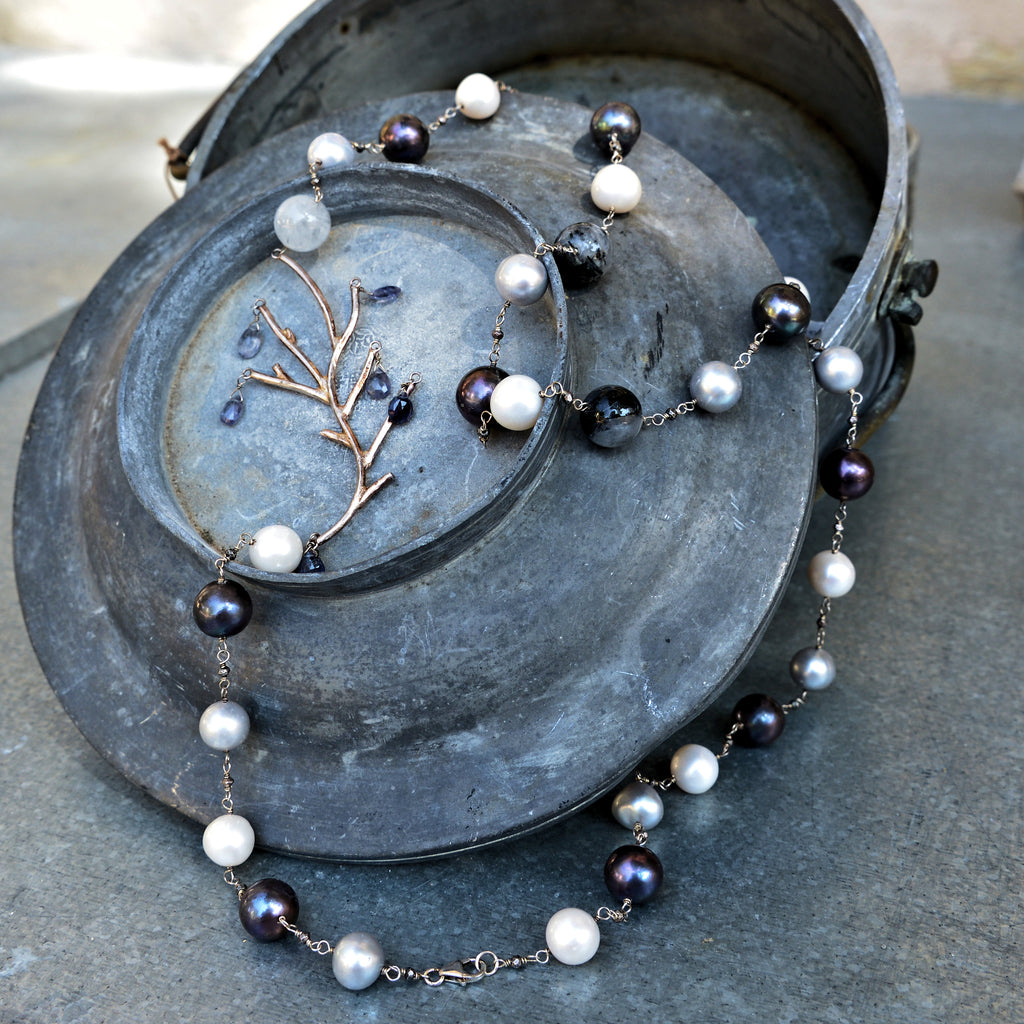 White and Black Pearls with Gemstones and Branch