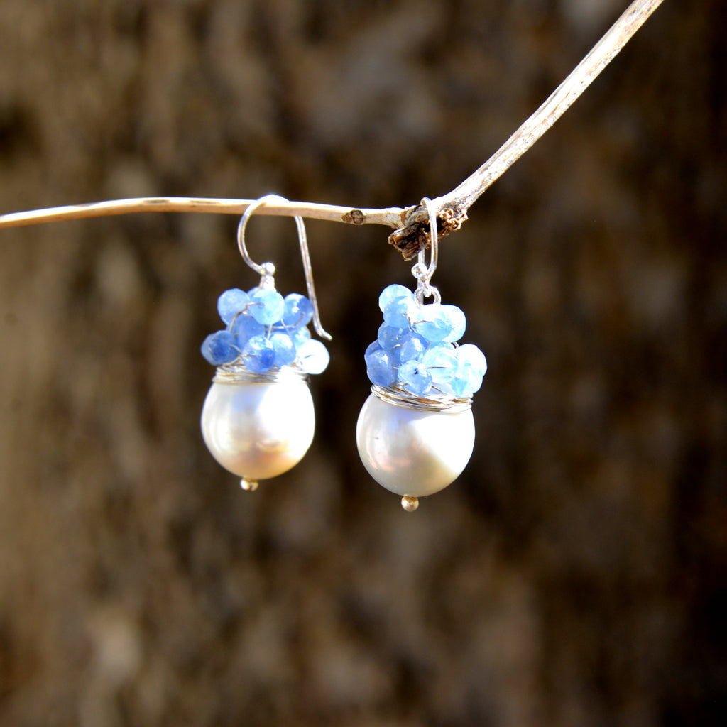 Freshwater Pearl Drop with Grape Semi-Precious Stone Cluster Earrings