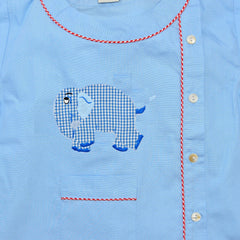 Cotton Pajamas - Blue with Blue Gingham Standing Elephant and Red Gingham Piping (4 Year)