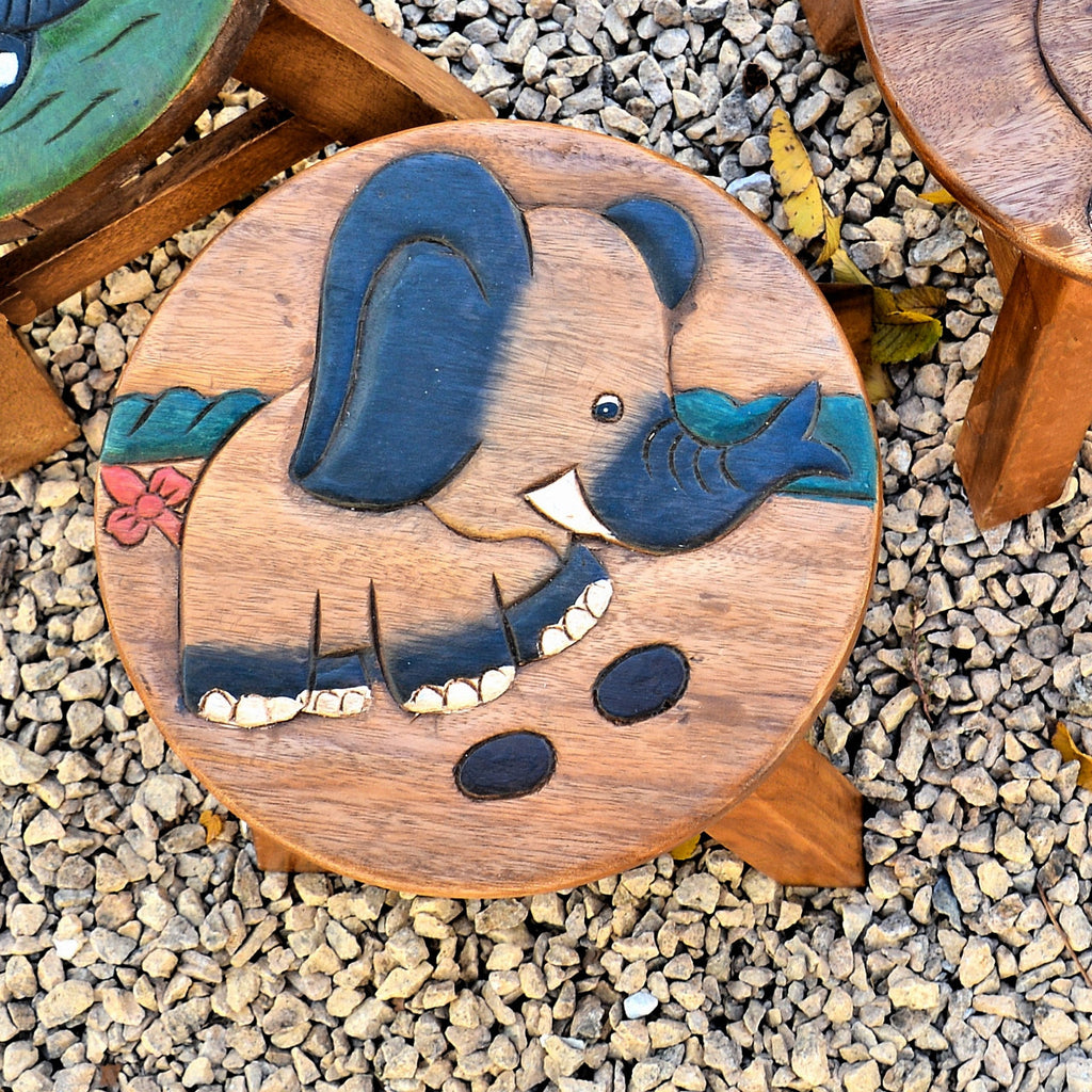 Carved Wood Child's Elephant Stool - Elephant Footprints