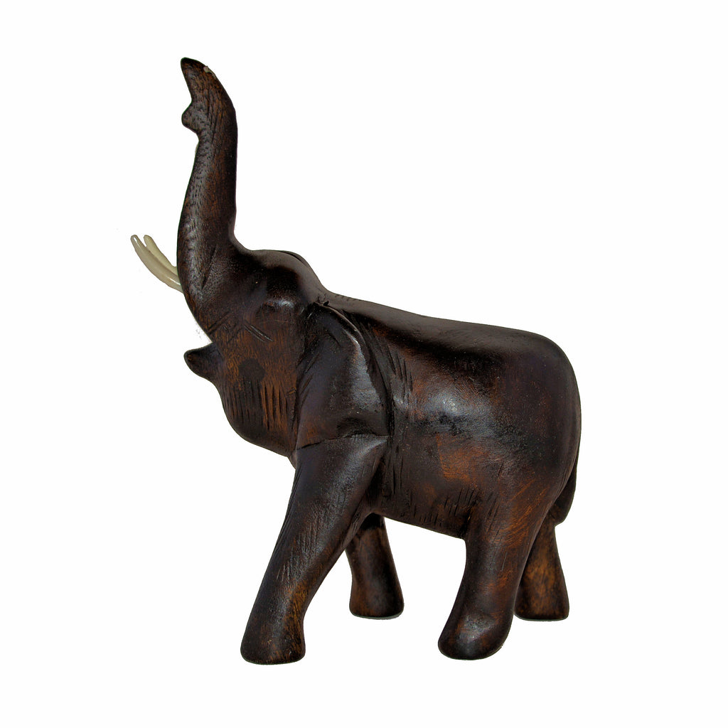 Hand Carved Elephant Figure (8 inch, Dark Color, Trunk Up)