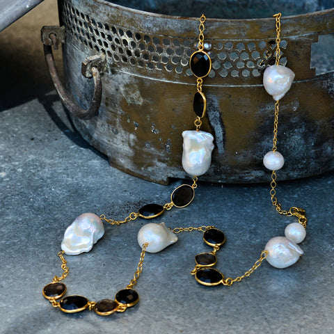 Smoky Black Spinel Gemstones & Baroque White Pearl Necklace