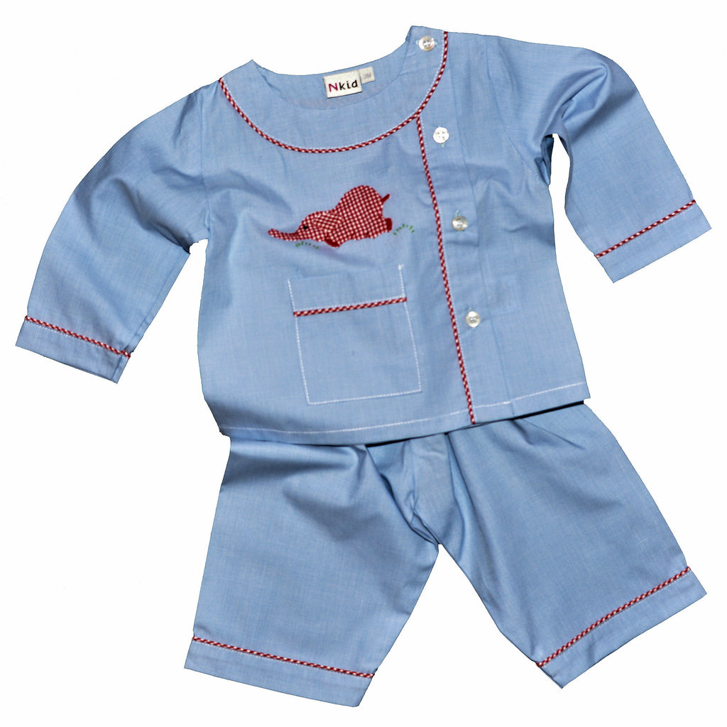 Cotton Pajamas - Blue with Red Gingham Laying Elephant and Red Gingham Piping (3 Months)