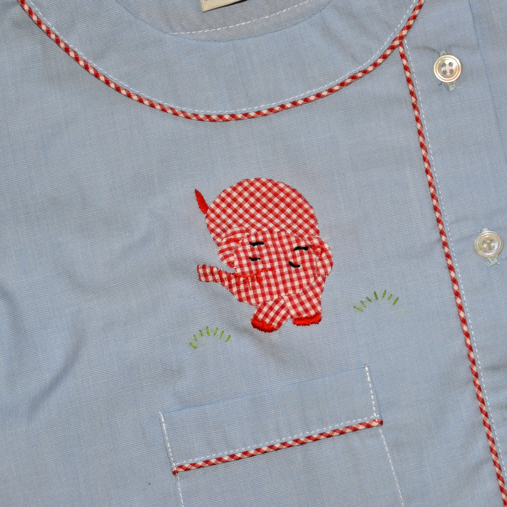 Cotton Pajamas - Blue with Red Gingham Elephant and Red Gingham Piping (6 Months)