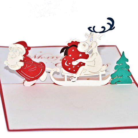 Santa Pulling Reindeer - Vietnamese Hand-made Pop-up Card
