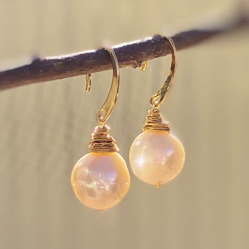 Pearl and Gold Wire Wrap Earrings