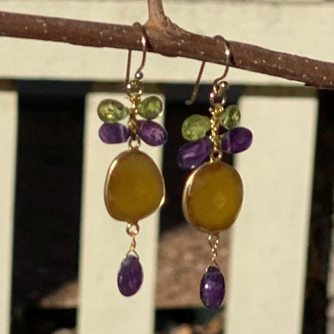 Mixed Gem Dangle Earrings - Amber and Purple