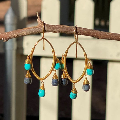 Turquoise and Lapis Oval Earrings