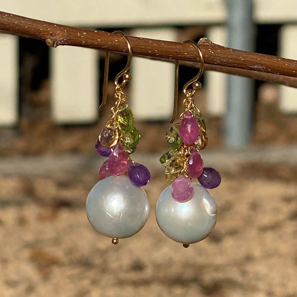 Pearl and Mixed Gem Dangle Earrings