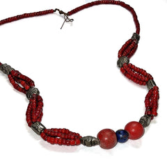 Vintage Red Bead Necklace with Silver Charms