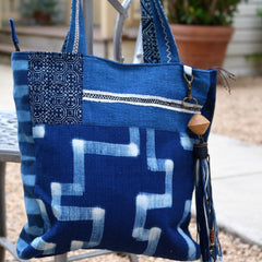 Cotton Indigo Bag with Batik and Embroidery