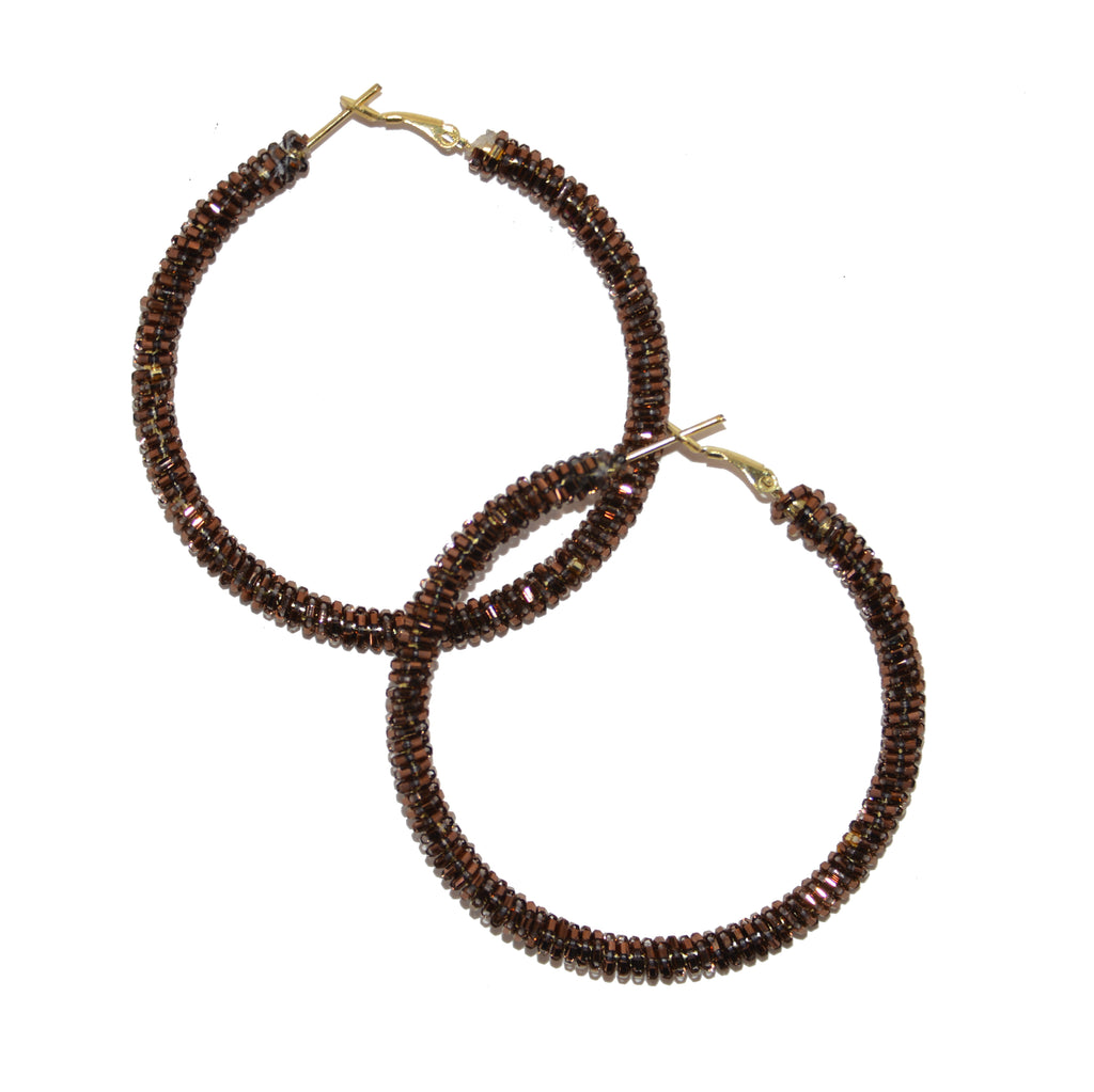 Hand-Beaded Hoop Earrings - Bronze