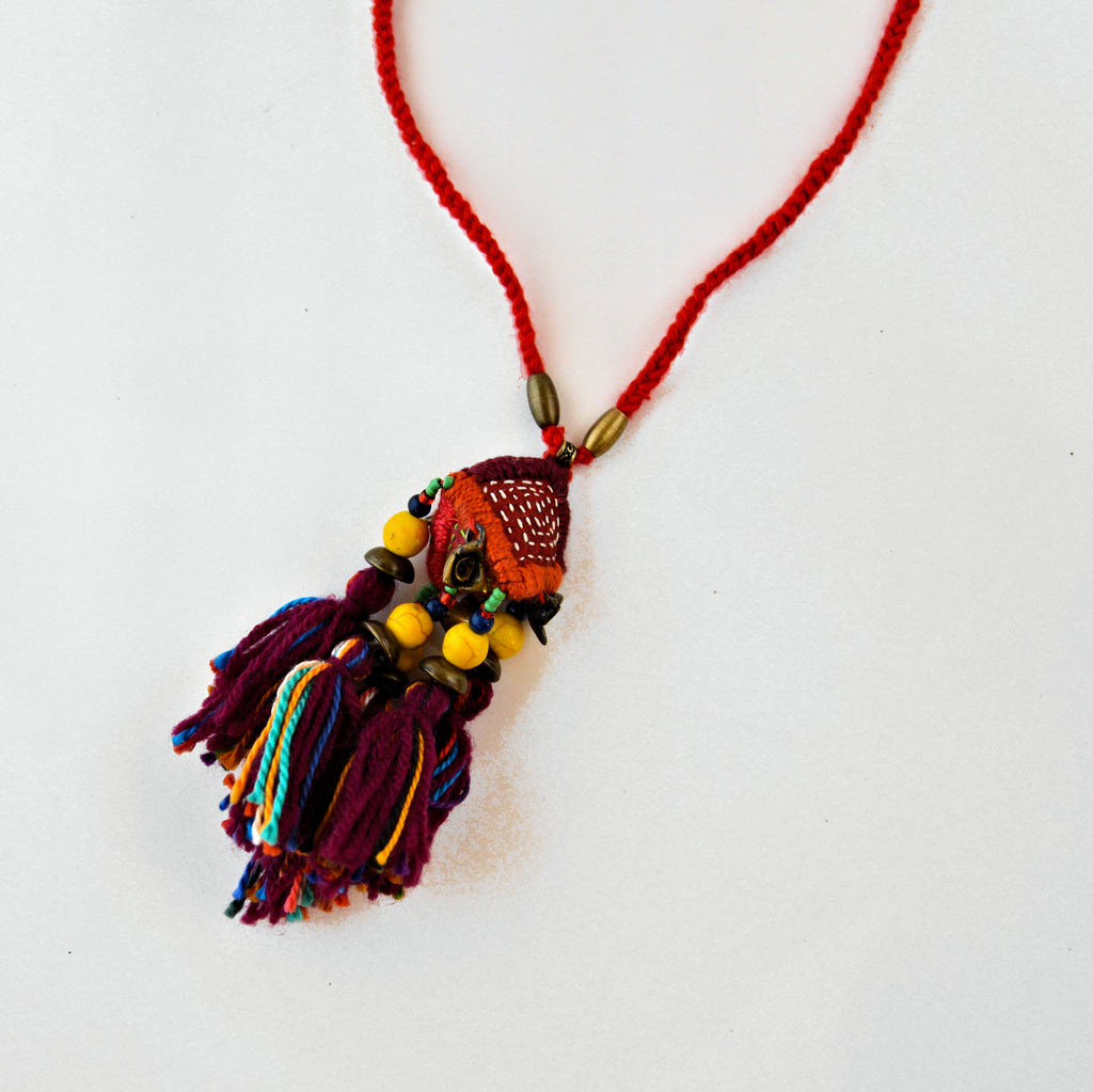 Hill Tribe Ornamental Necklace - Burgundy/Red