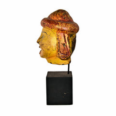 Antique Burmese Puppet Head on Stand (Large Man with Red Bowl Hat)