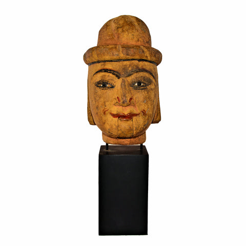Antique Burmese Puppet Head on Stand (Extra Large Man with Bowl Hat)