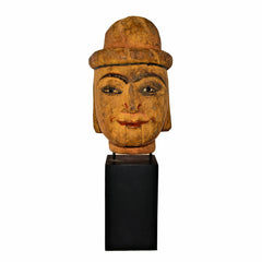 Antique Burmese Puppet Head on Stand (Extra Large Man with Bowl Hat)