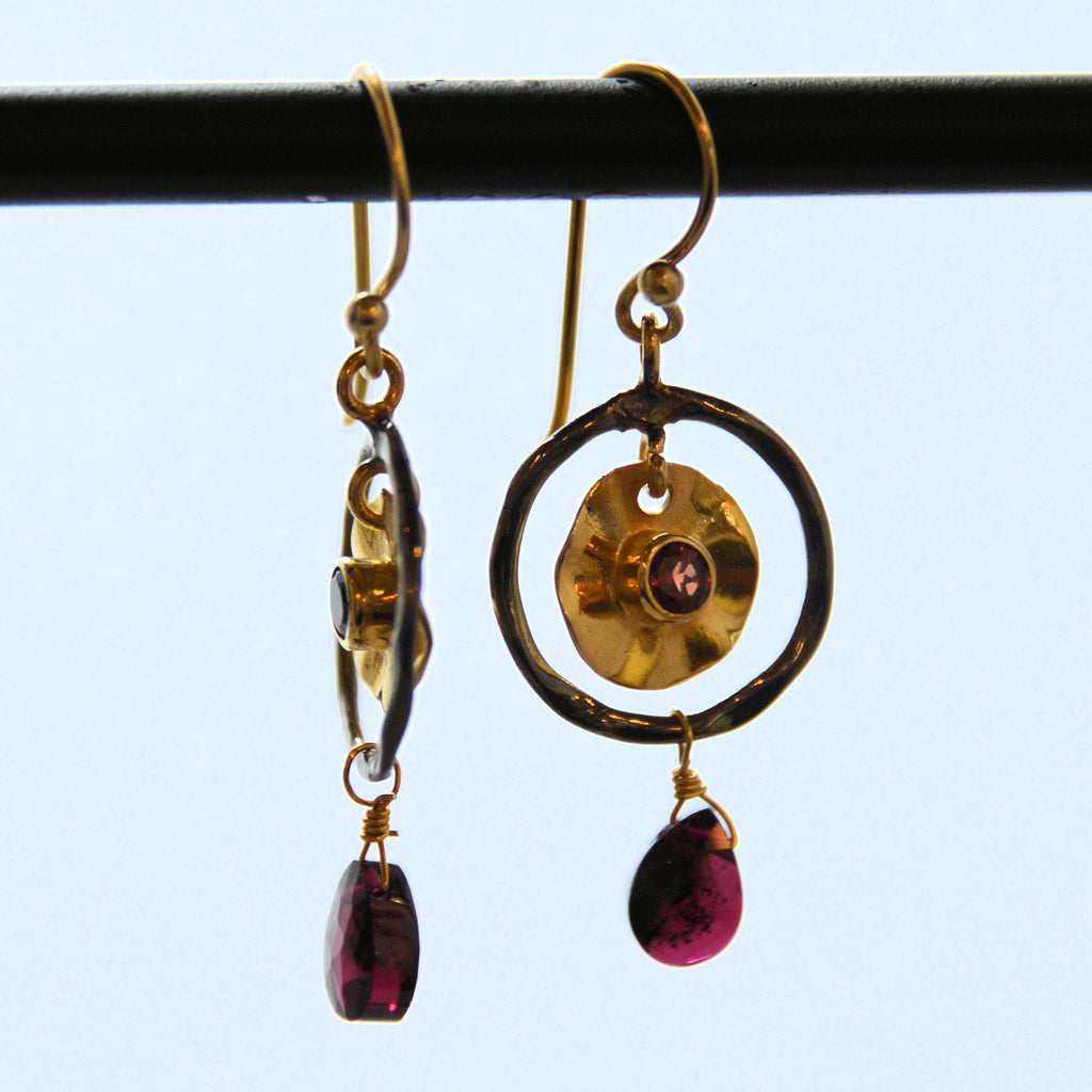 Oxidized Silver Ring Earrings with Gold Plate Inset and Gemstones