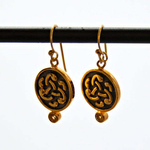 Round Gold Plate French Hook Earrings with Raised Design and Gemstones