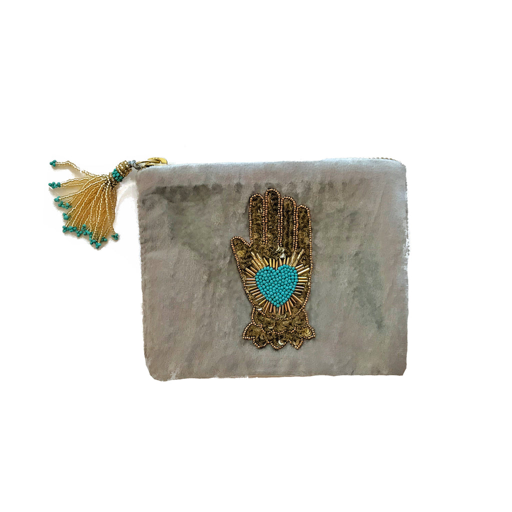 Velvet Mini Hand Pouch - Silver with Turquoise Hand with Heart