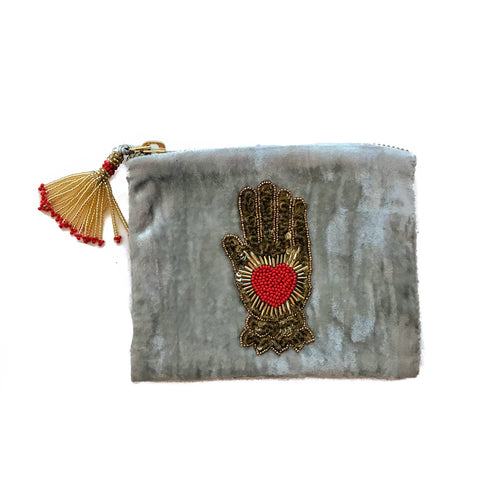 Velvet Mini Hand Pouch - Silver with Red Hand with Heart