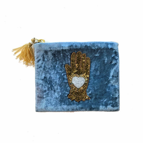 Velvet Mini Hand Pouch - Light Blue with White Hand with Heart