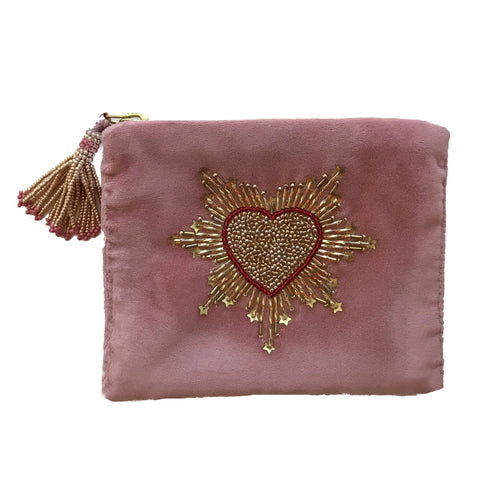 Velvet Mini Hand Pouch - Light Pink with Rose Heart
