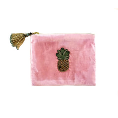 Velvet Mini Hand Pouch - Light Pink/Rose with Pineapple