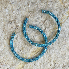 Hand-Beaded Hoop Earrings - Blue