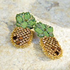Hand-Beaded Pineapple Earrings - Gold/Bronze/Green