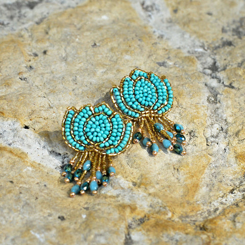 Hand-Beaded Lotus Earrings - Jade