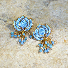 Hand-Beaded Lotus Earrings - Light Blue