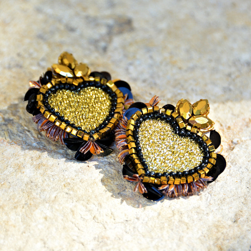 Hand-Beaded Heart Earrings - Black/Gold/Bronze